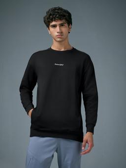 Men Solid Slim Fit Round Neck Sports Sweatshirt with ELASTOPLUS in Black - 2