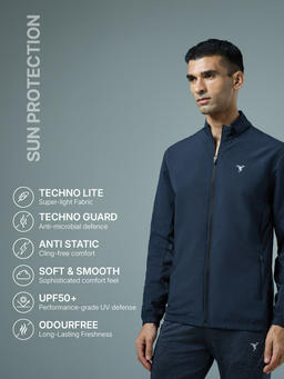 Men Solid Slim Fit Mock Neck Jacket with TECHNOLITE in Navy Blue - 2