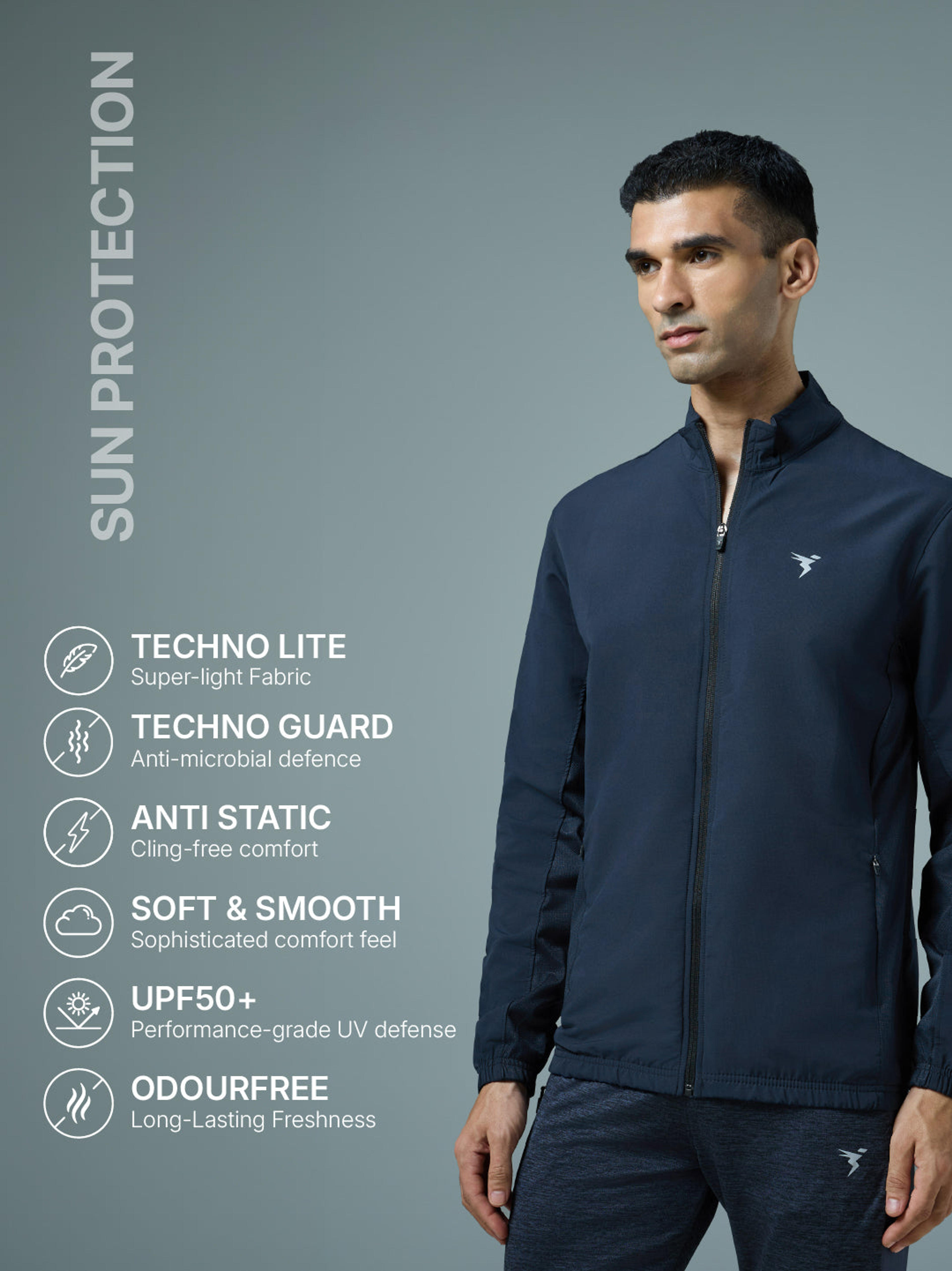 Men Solid Slim Fit Mock Neck Jacket with TECHNOLITE in Navy Blue - 2