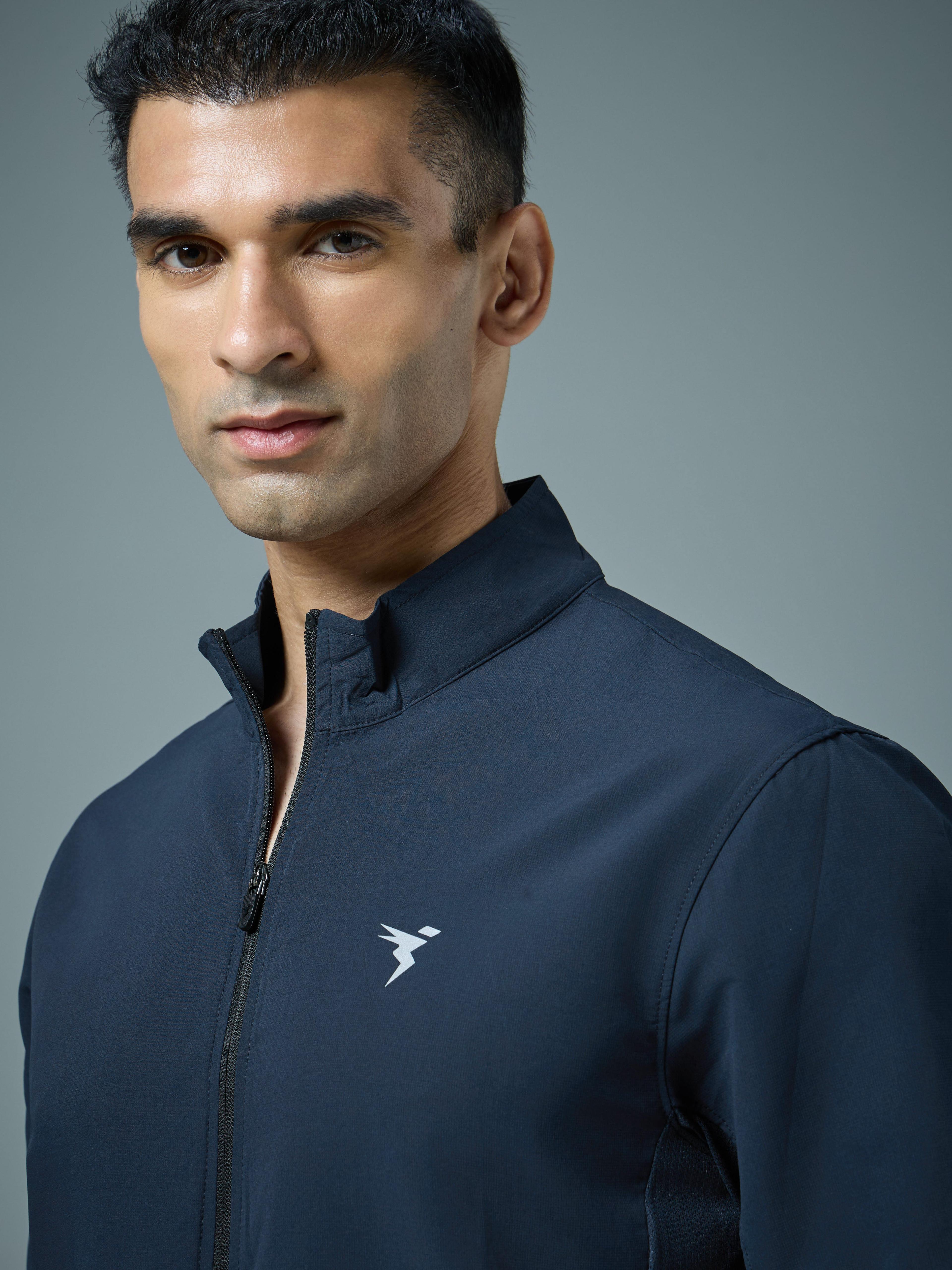 Men Solid Slim Fit Mock Neck Jacket with TECHNOLITE in Navy Blue - 4
