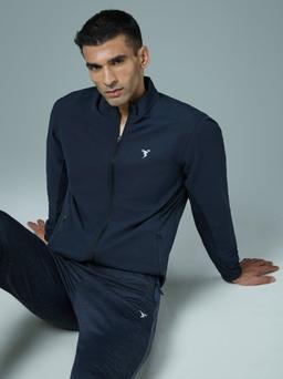 Men Solid Slim Fit Mock Neck Jacket with TECHNOLITE in Navy Blue - 5