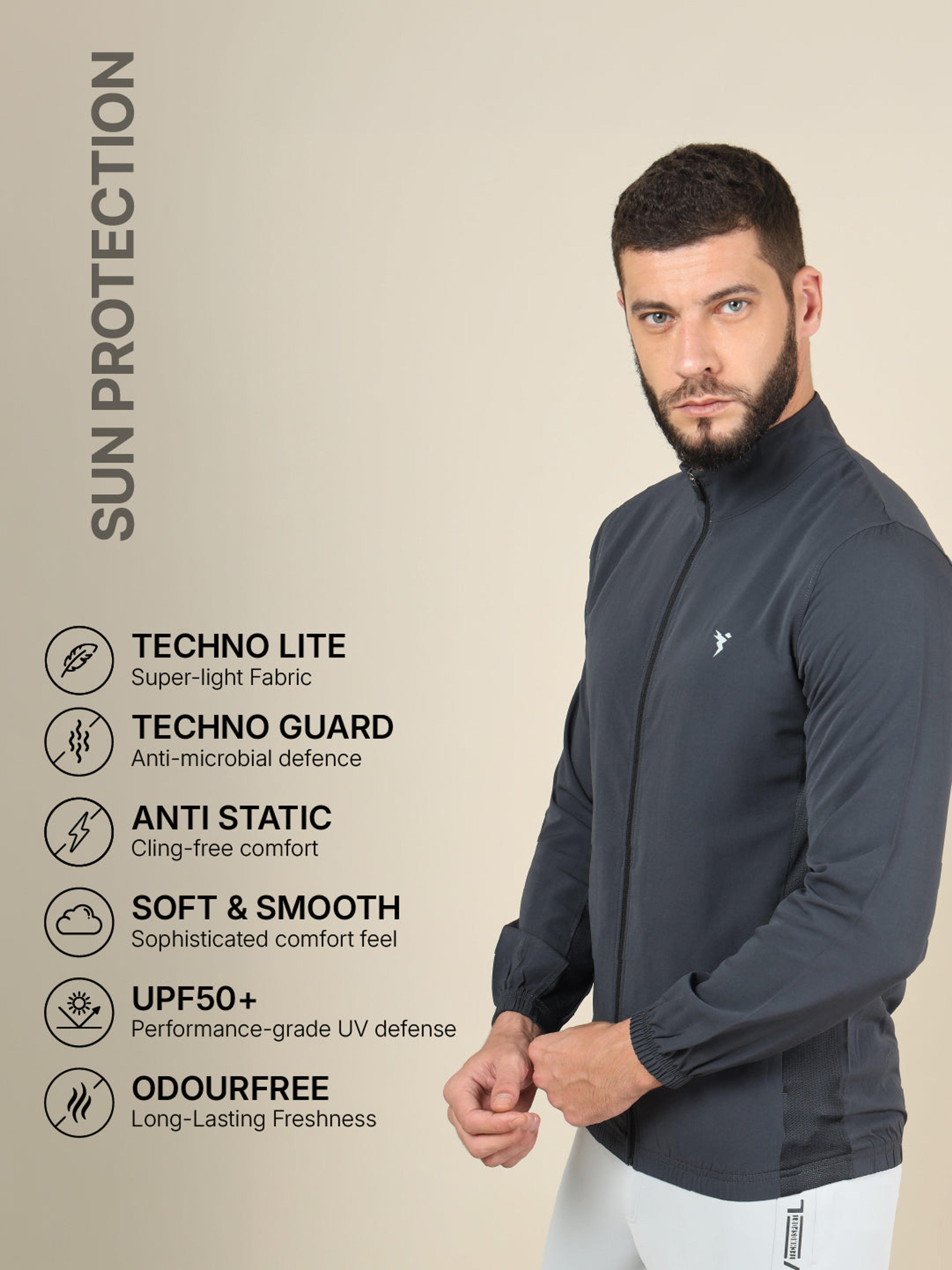 Men Solid Slim Fit Mock Neck Jacket with TECHNOLITE in Carbon Grey - 4