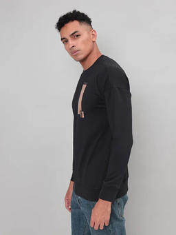 Men Printed Slim Fit Crew Neck Sweatshirt with ELASTO PLUS in Black 6 - 3