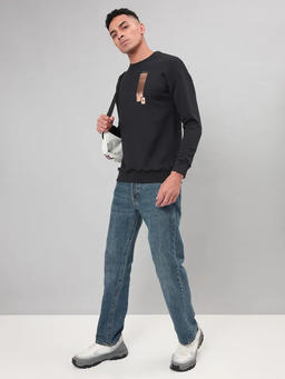 Men Printed Slim Fit Crew Neck Sweatshirt with ELASTO PLUS in Black 6 - 4