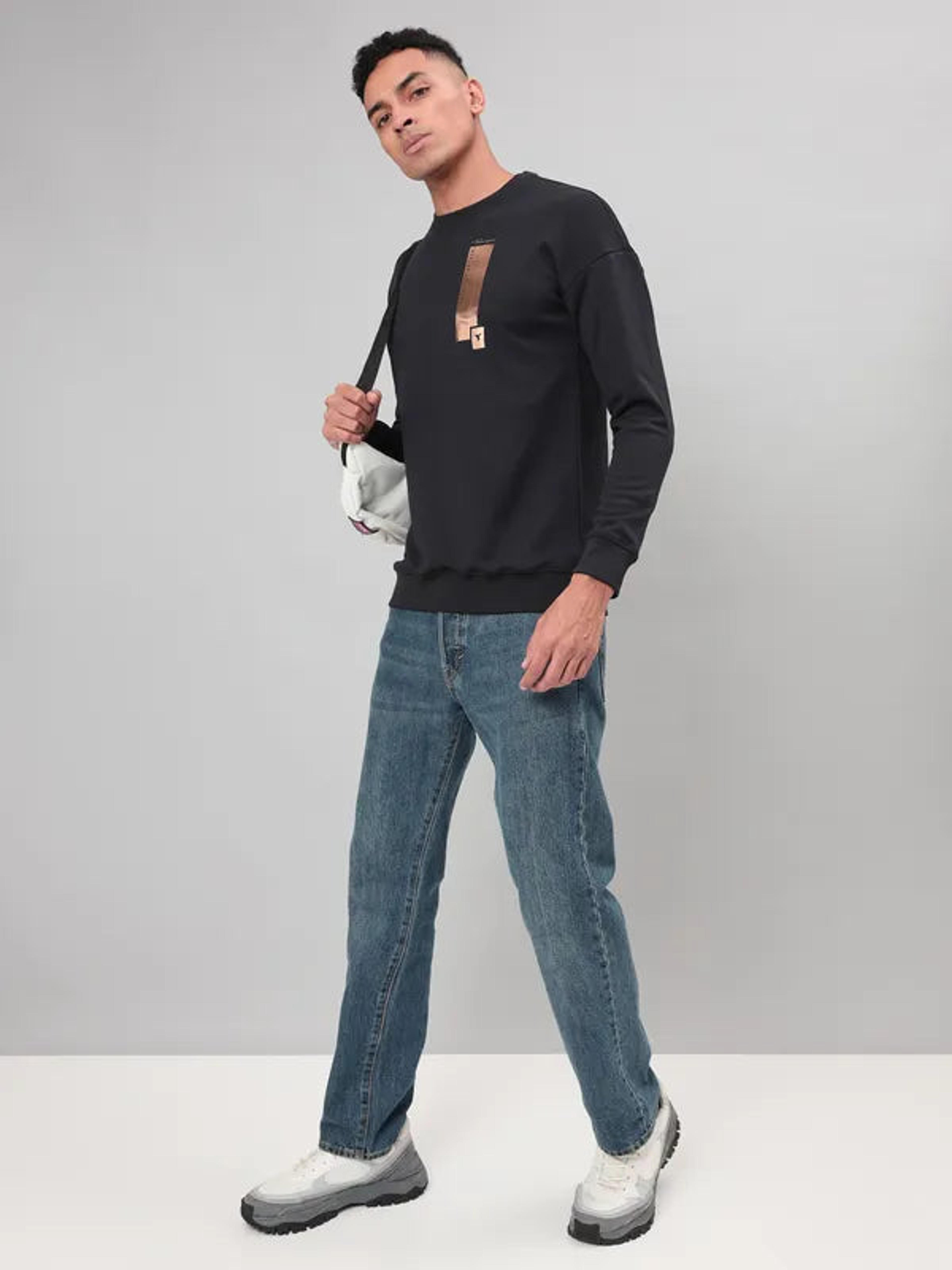 Men Printed Slim Fit Crew Neck Sweatshirt with ELASTO PLUS in Black 6 - 4