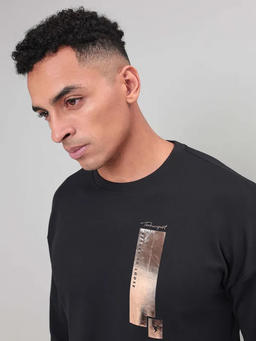 Men Printed Slim Fit Crew Neck Sweatshirt with ELASTO PLUS in Black 6 - 5