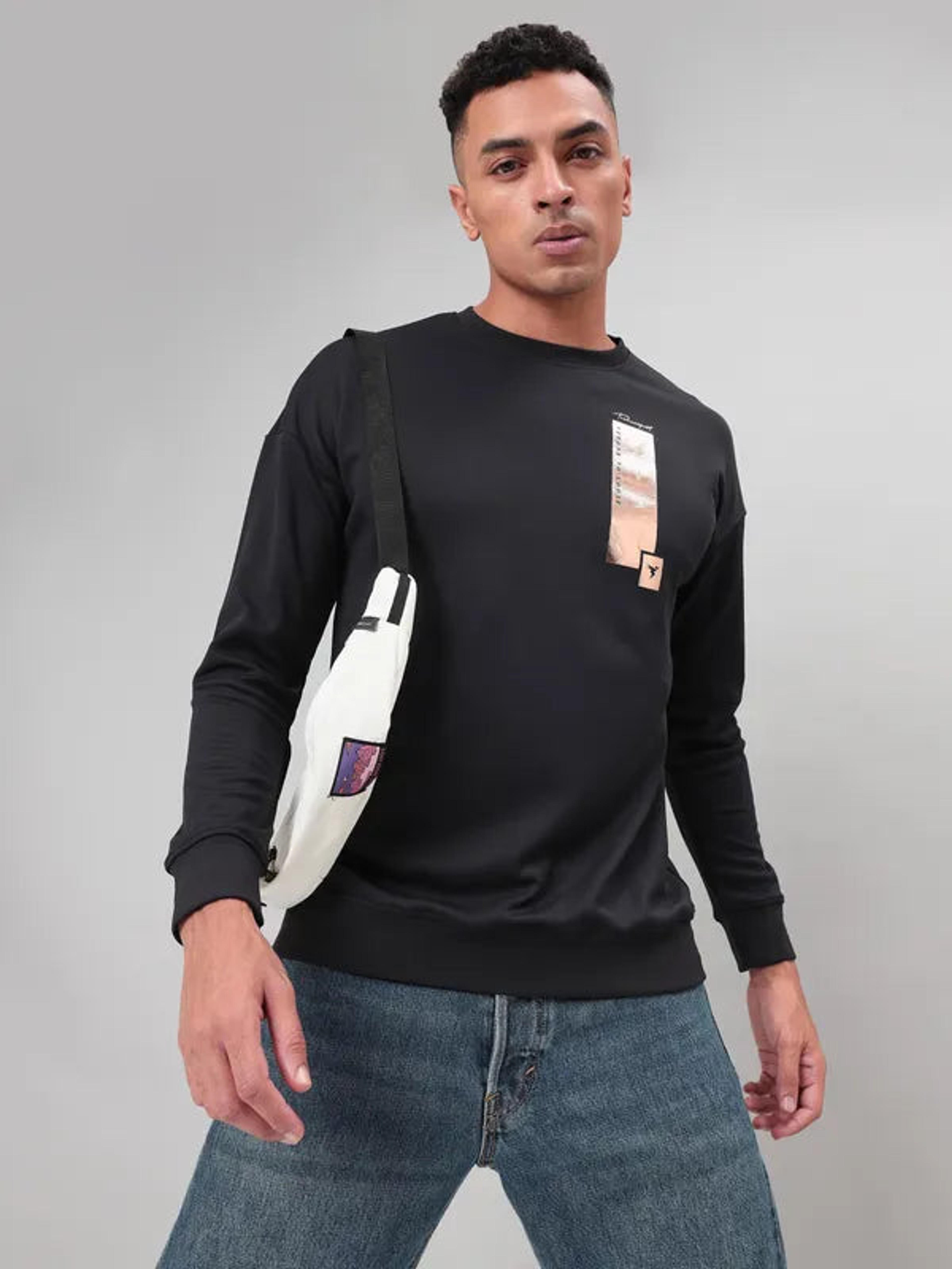 Men Printed Slim Fit Crew Neck Sweatshirt with ELASTO PLUS in Black 6 - 6
