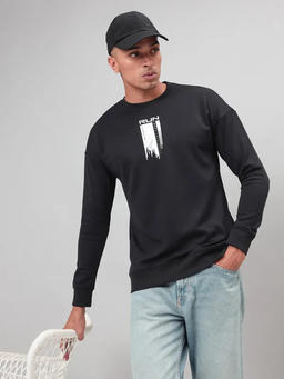 Men Printed Slim Fit Crew Neck Sweatshirt with ELASTO PLUS in Black 5 - 2