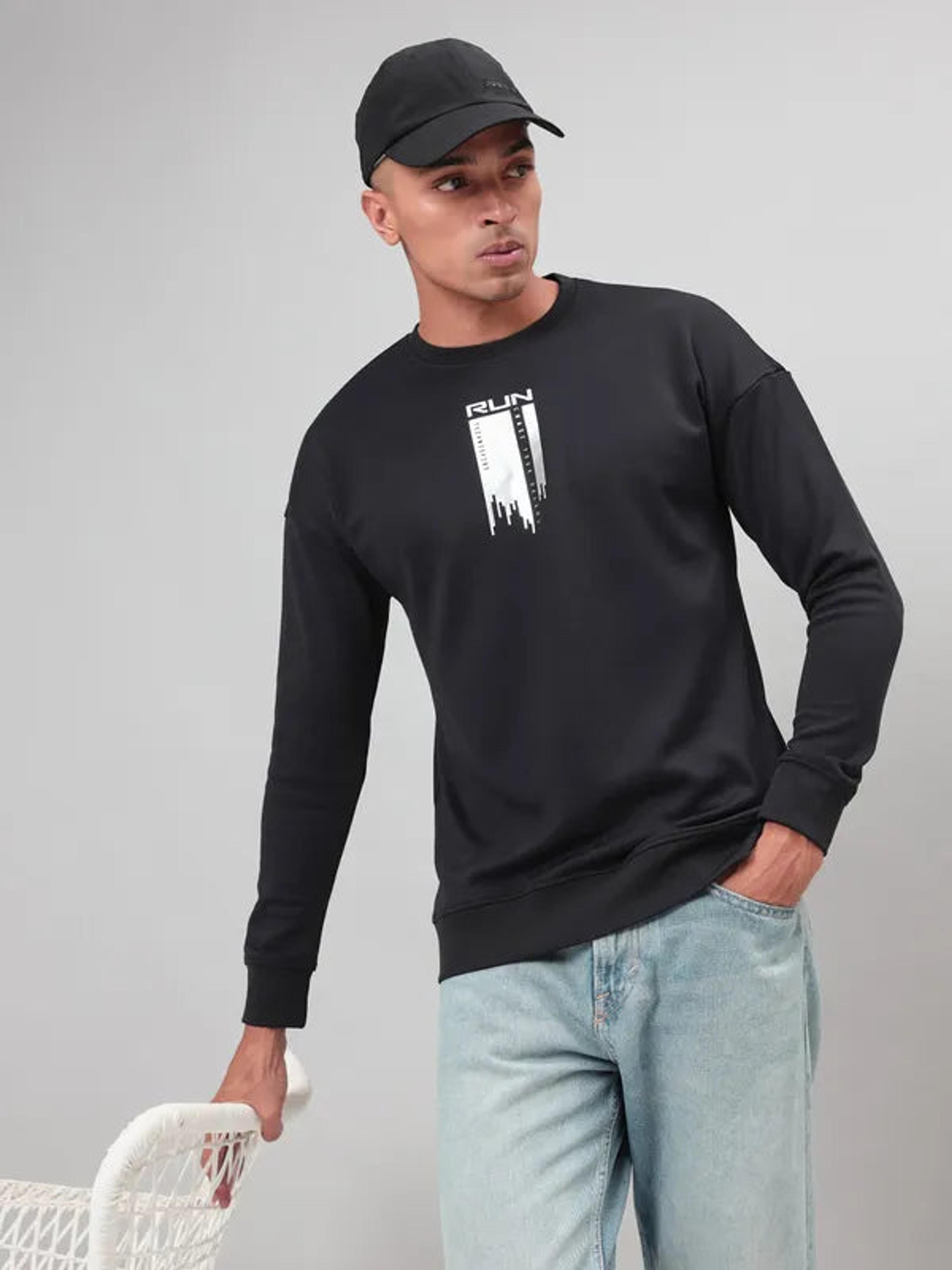 Men Printed Slim Fit Crew Neck Sweatshirt with ELASTO PLUS in Black 5 - 2