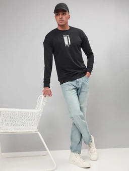 Men Printed Slim Fit Crew Neck Sweatshirt with ELASTO PLUS in Black 5 - 6