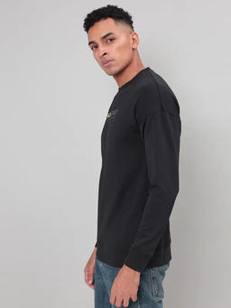 Men Printed Slim Fit Crew Neck Sweatshirt with ELASTO PLUS in Black 4 - 4