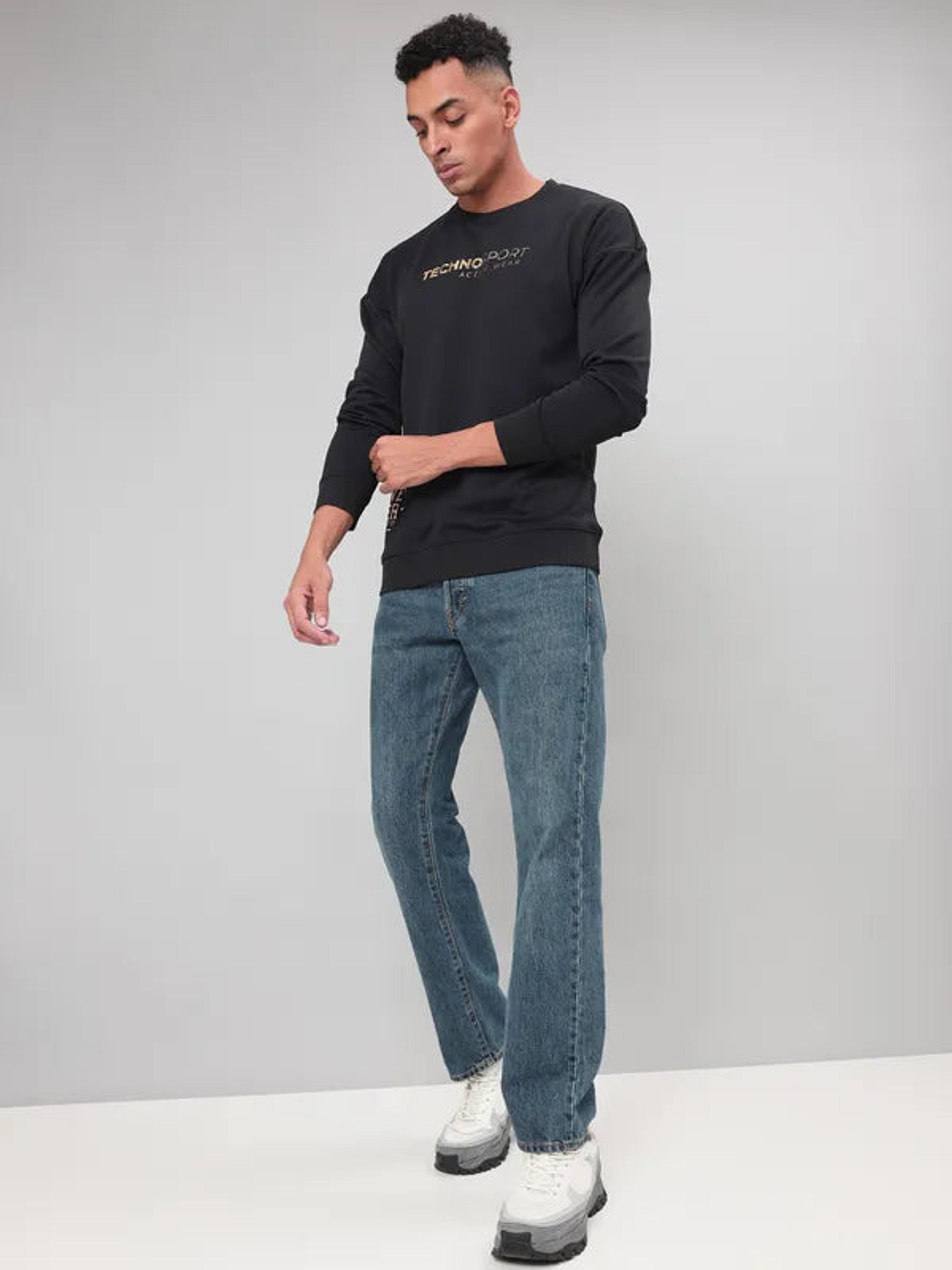 Men Printed Slim Fit Crew Neck Sweatshirt with ELASTO PLUS in Black 4 - 5