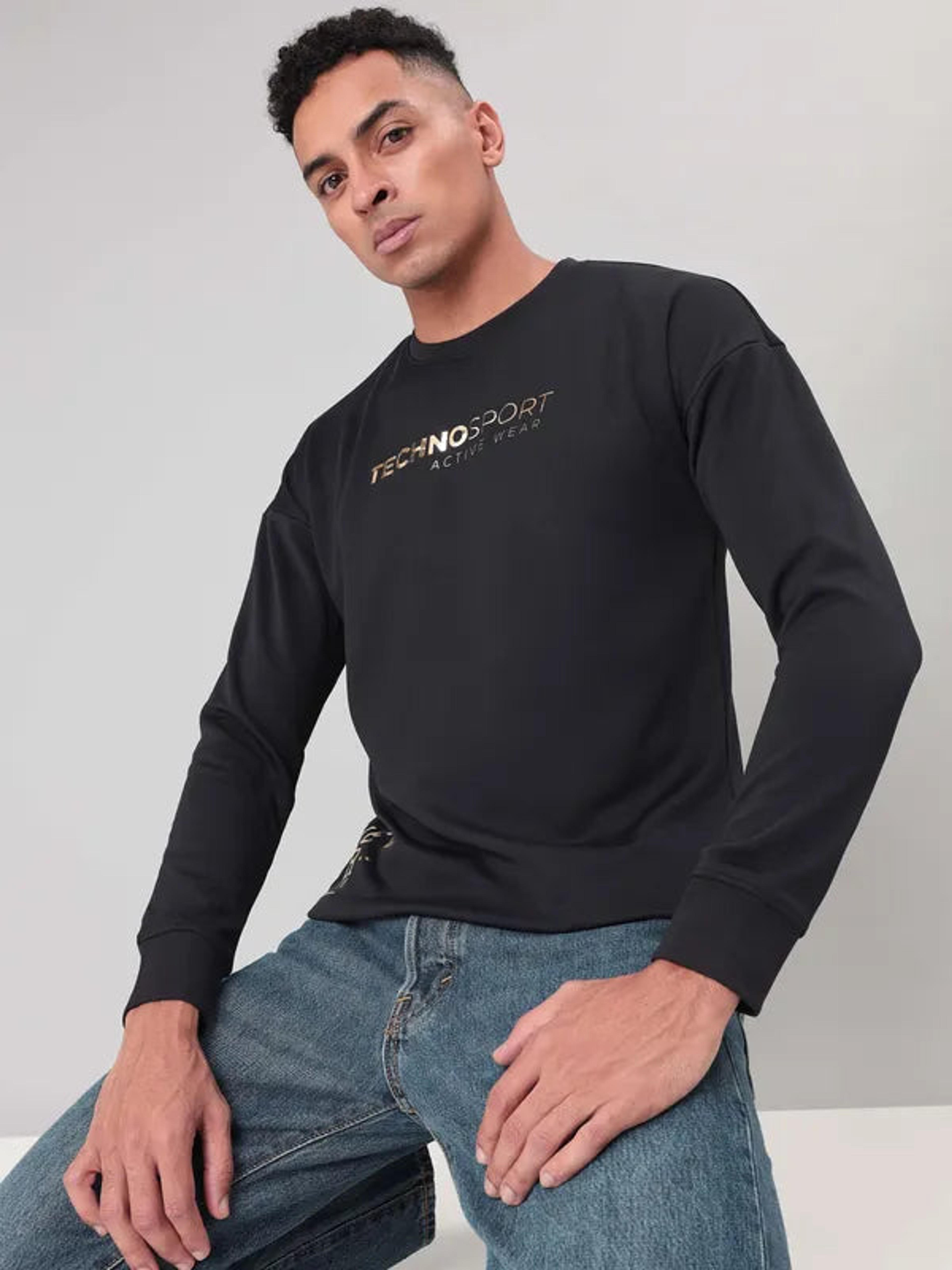 Men Printed Slim Fit Crew Neck Sweatshirt with ELASTO PLUS in Black 4 - 6