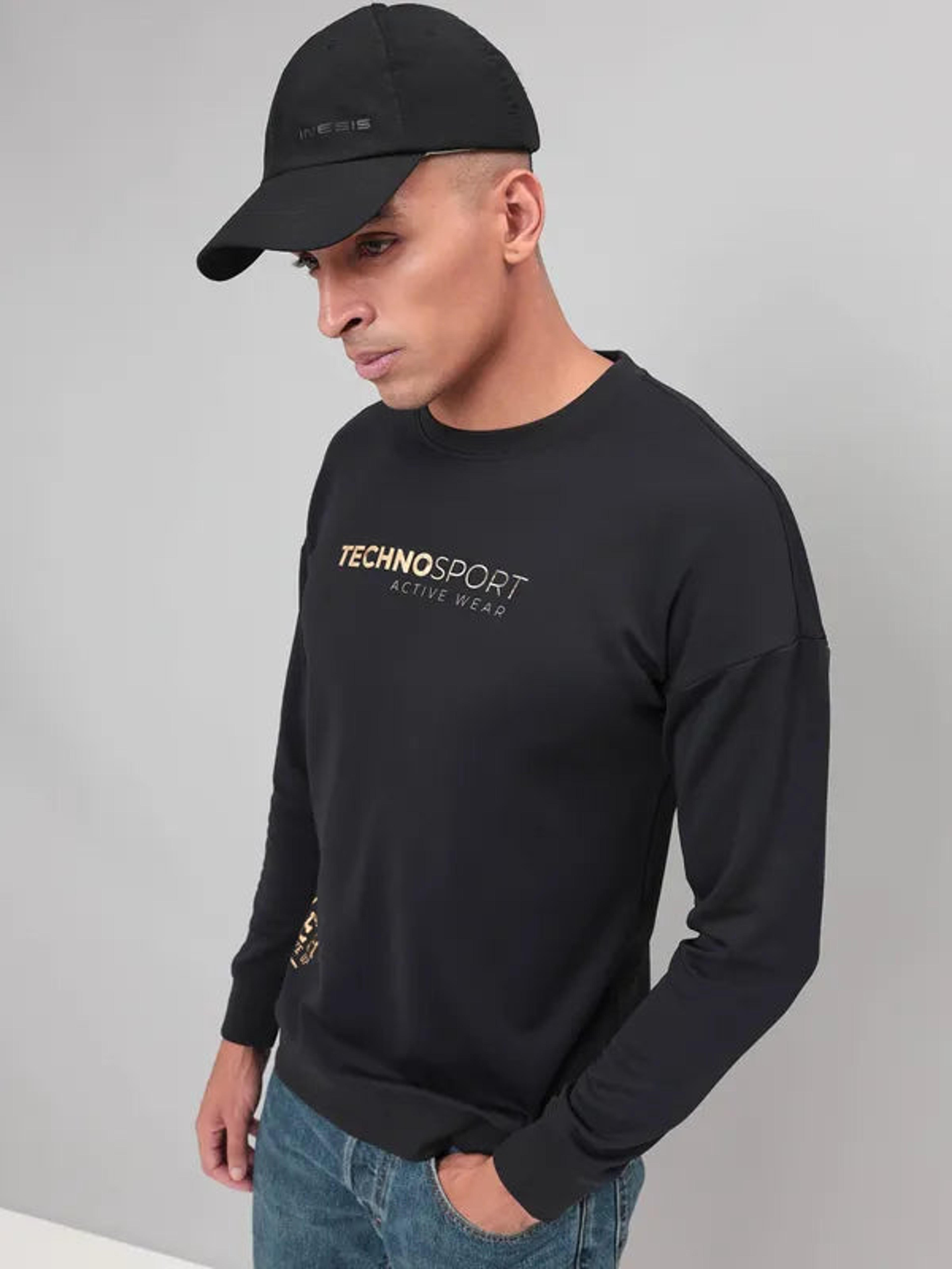 Men Printed Slim Fit Crew Neck Sweatshirt with ELASTO PLUS in Black 4 - 7