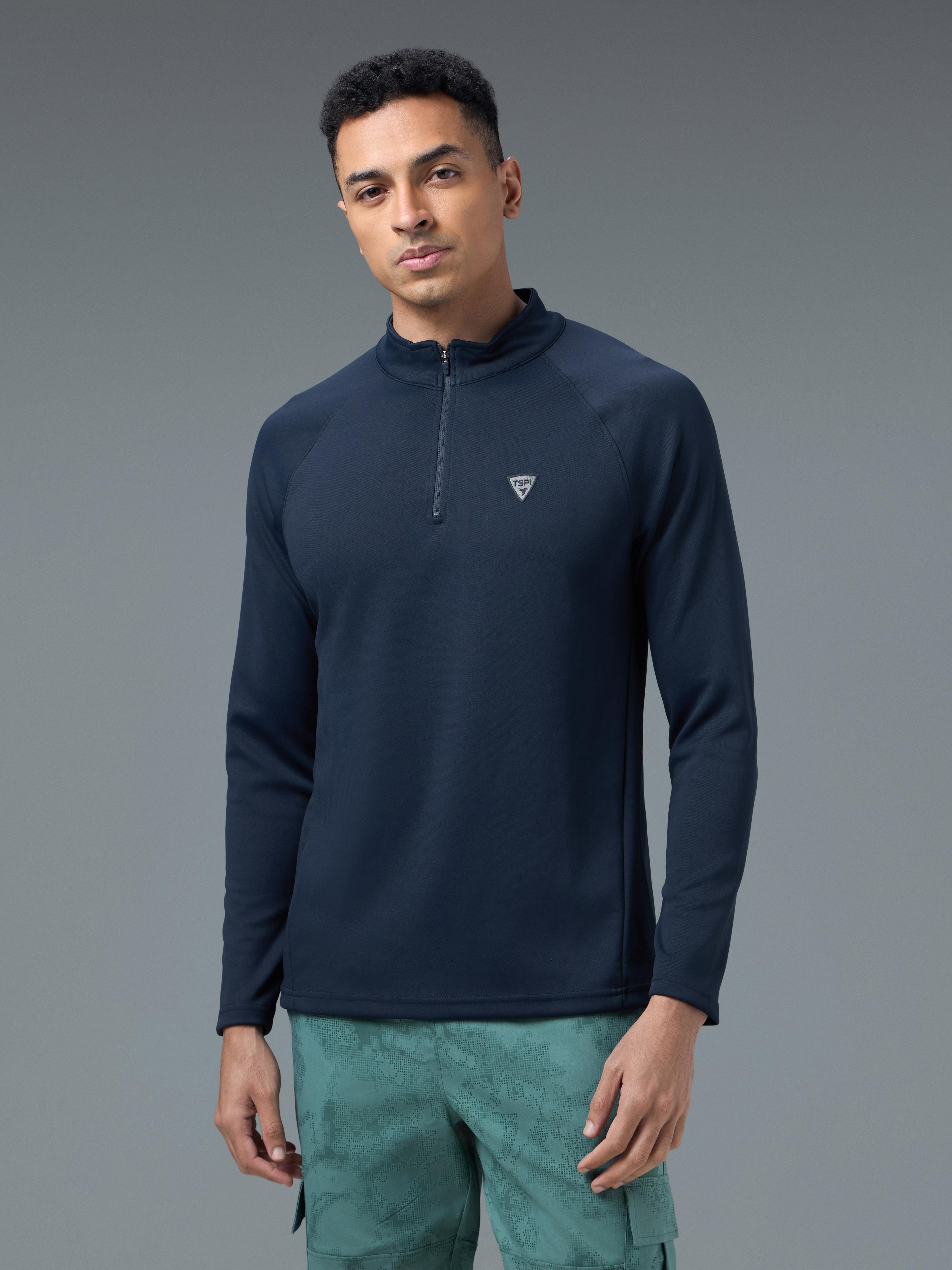 Men Solid Slim Fit Mock Neck Sports Sweatshirt with ELASTO PLUS in Navy Blue - 4