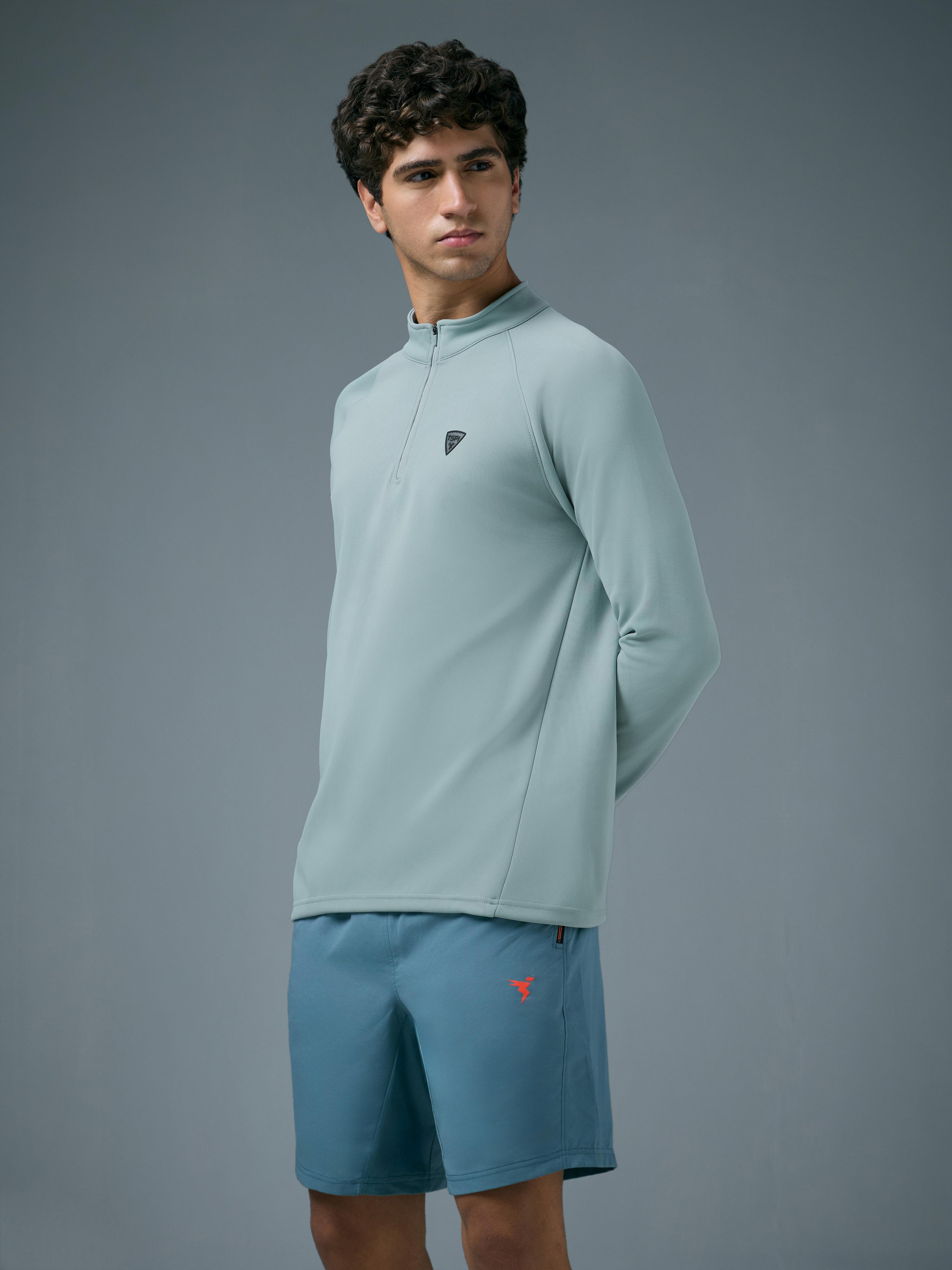 Men Solid Slim Fit Mock Neck Sports Sweatshirt with ELASTO PLUS in Ultimate Grey - 4