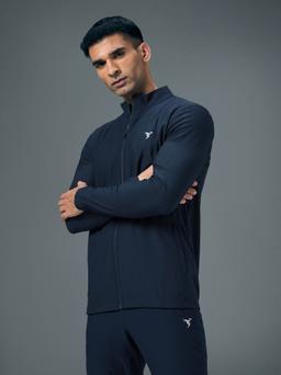 Men Solid Slim Fit Mock Neck Sports Jacket with DURACOOL+ in Navy Blue - 4