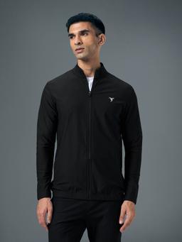 Men Solid Slim Fit Mock Neck Sports Jacket with DURACOOL+ in Black