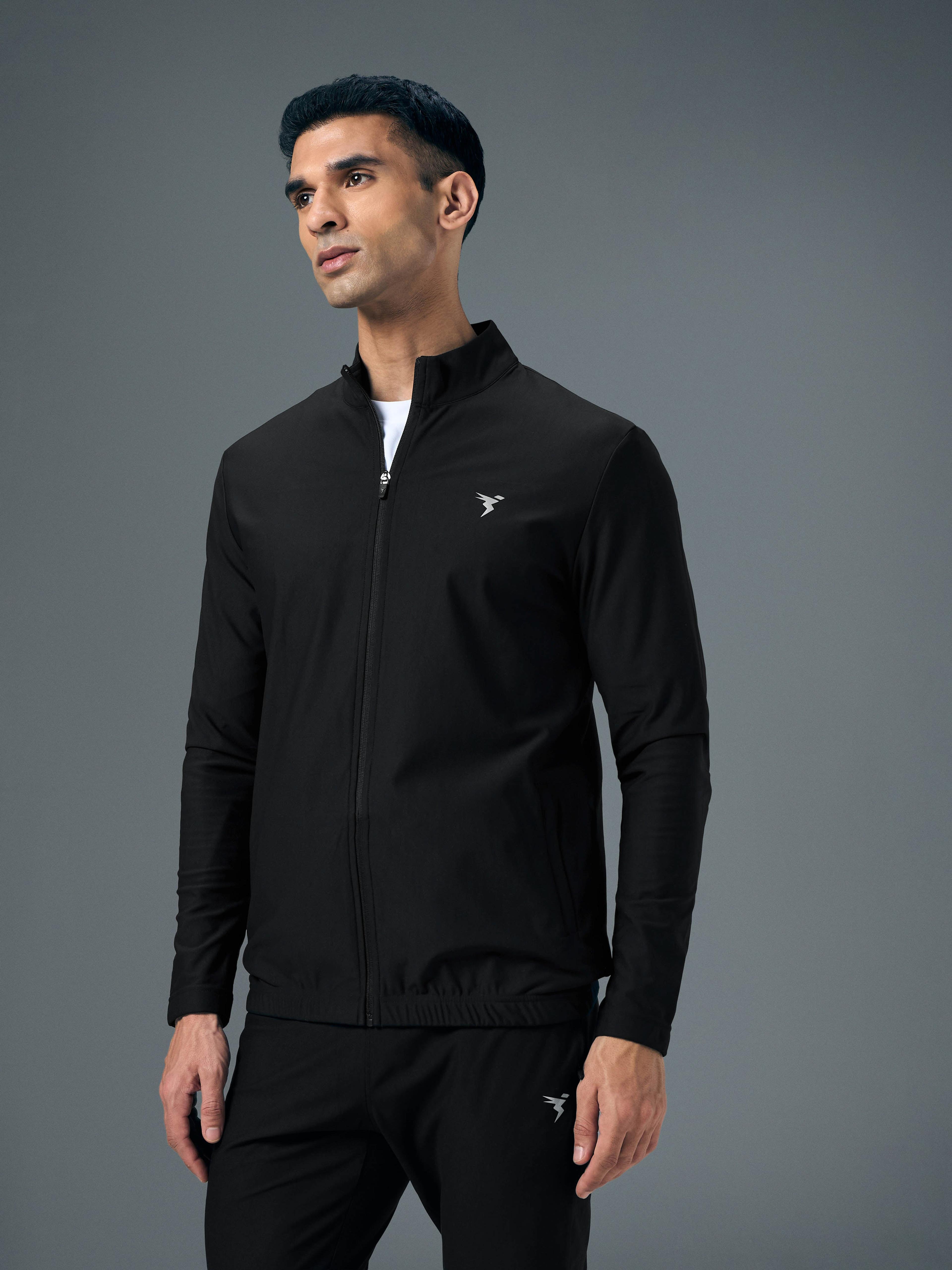 Men Solid Slim Fit Mock Neck Sports Jacket with DURACOOL+ in Black - 3
