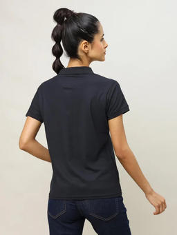 Women Solid Slim Fit Polo T-shirt with MATPIQ in Black - 2