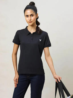 Women Solid Slim Fit Polo T-shirt with MATPIQ in Black - 6