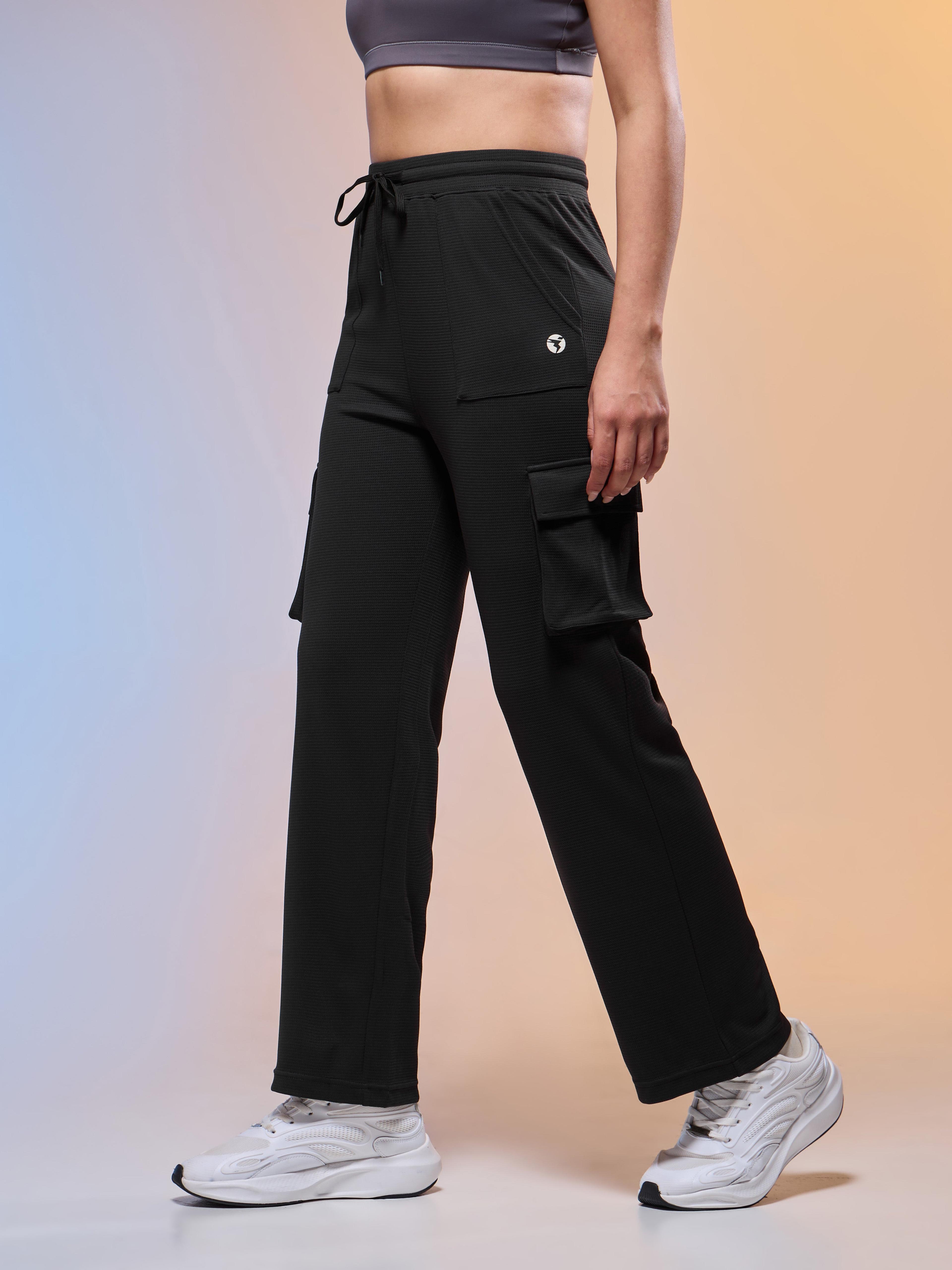 Women Solid Straight Fit Cargo Trackpants with TECHNOCOOL+ in Black - 4