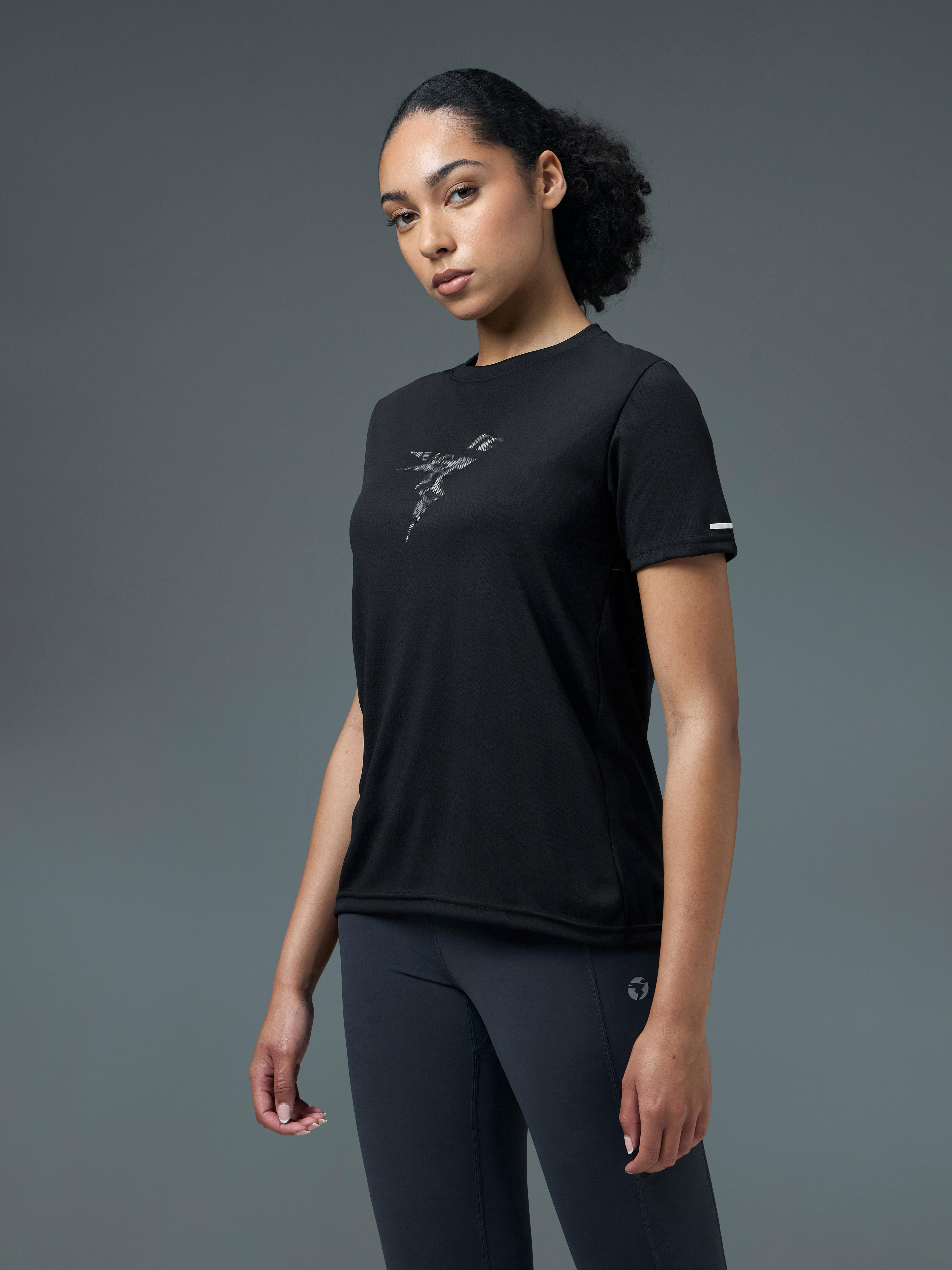 Women Printed Regular Fit Round Neck Sports Tee with TECHNOCOOL+ in Black - 4