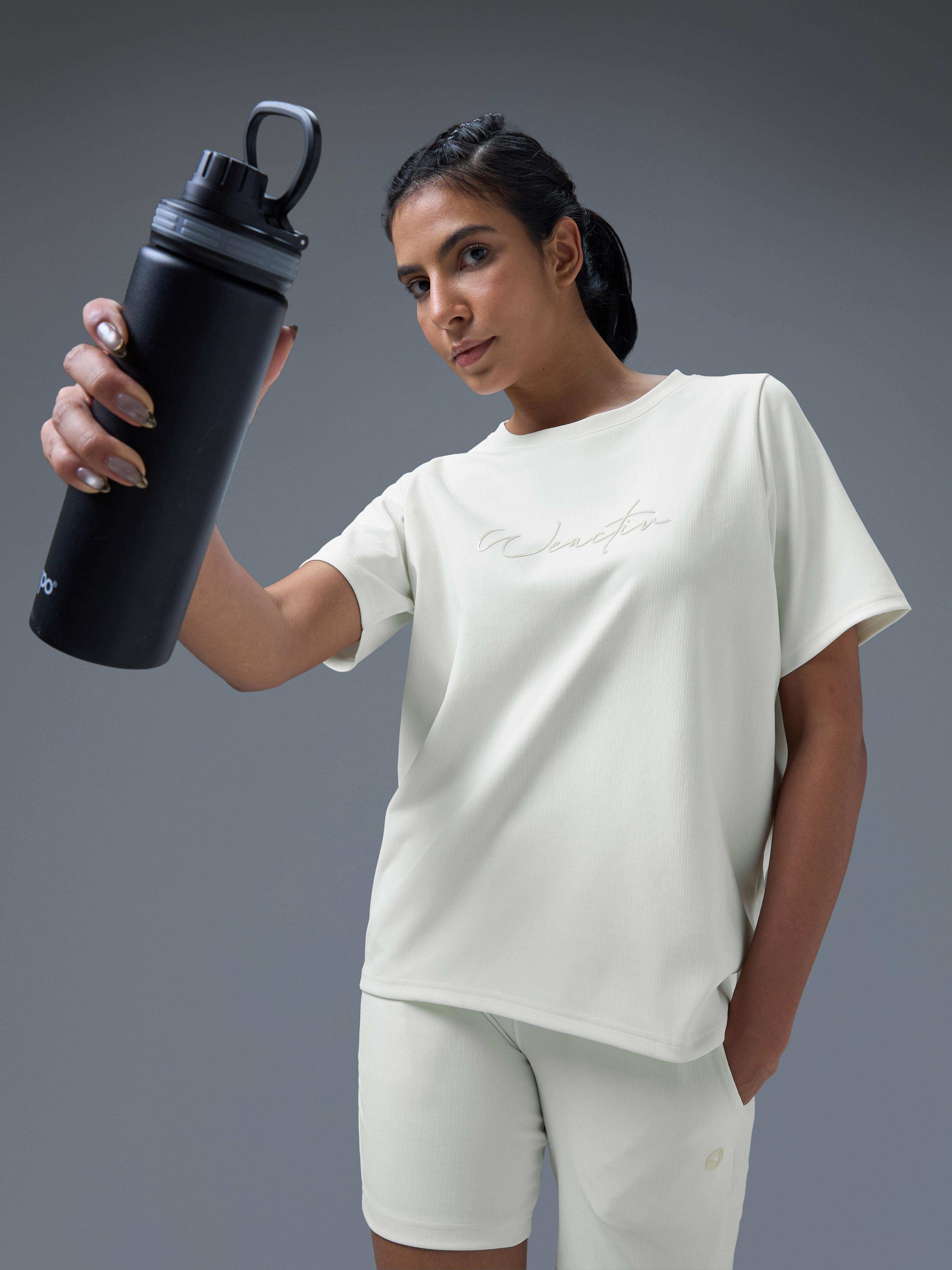 Women Printed Relaxed Fit Round Neck Sports Tee with ELASTO PLUS in Off White