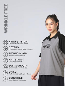 Women Colorblock Oversized Fit Polo T-shirt with COTFLEX in Light Grey - 3
