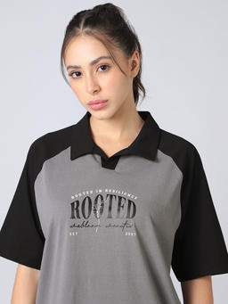 Women Colorblock Oversized Fit Polo T-shirt with COTFLEX in Light Grey - 5
