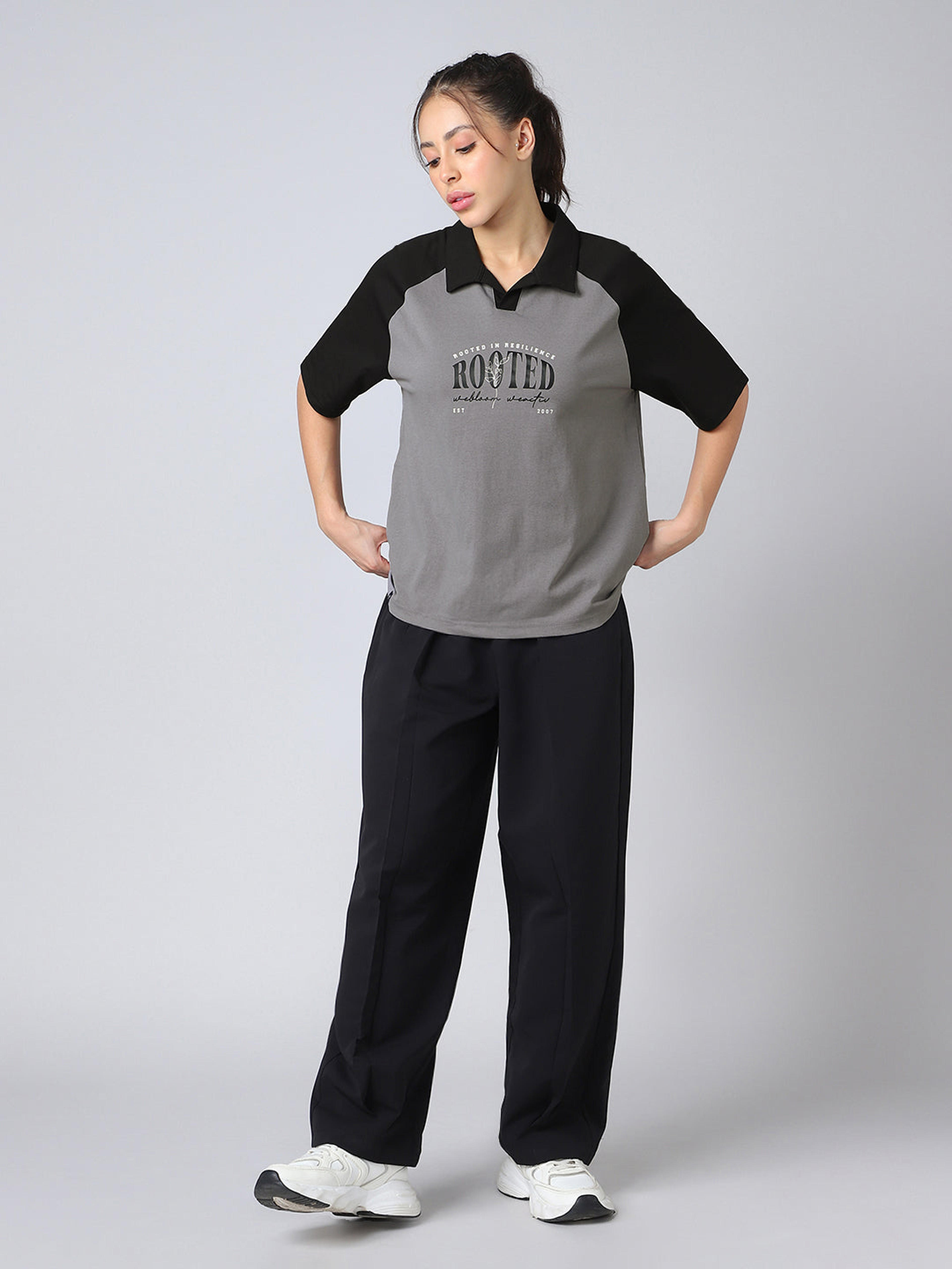 Women Colorblock Oversized Fit Polo T-shirt with COTFLEX in Light Grey - 6