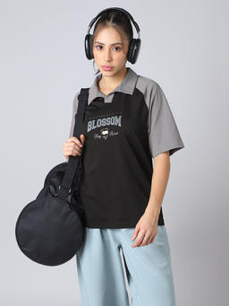 Women Colorblock Oversized Fit Polo T-shirt with COTFLEX in Black - 5