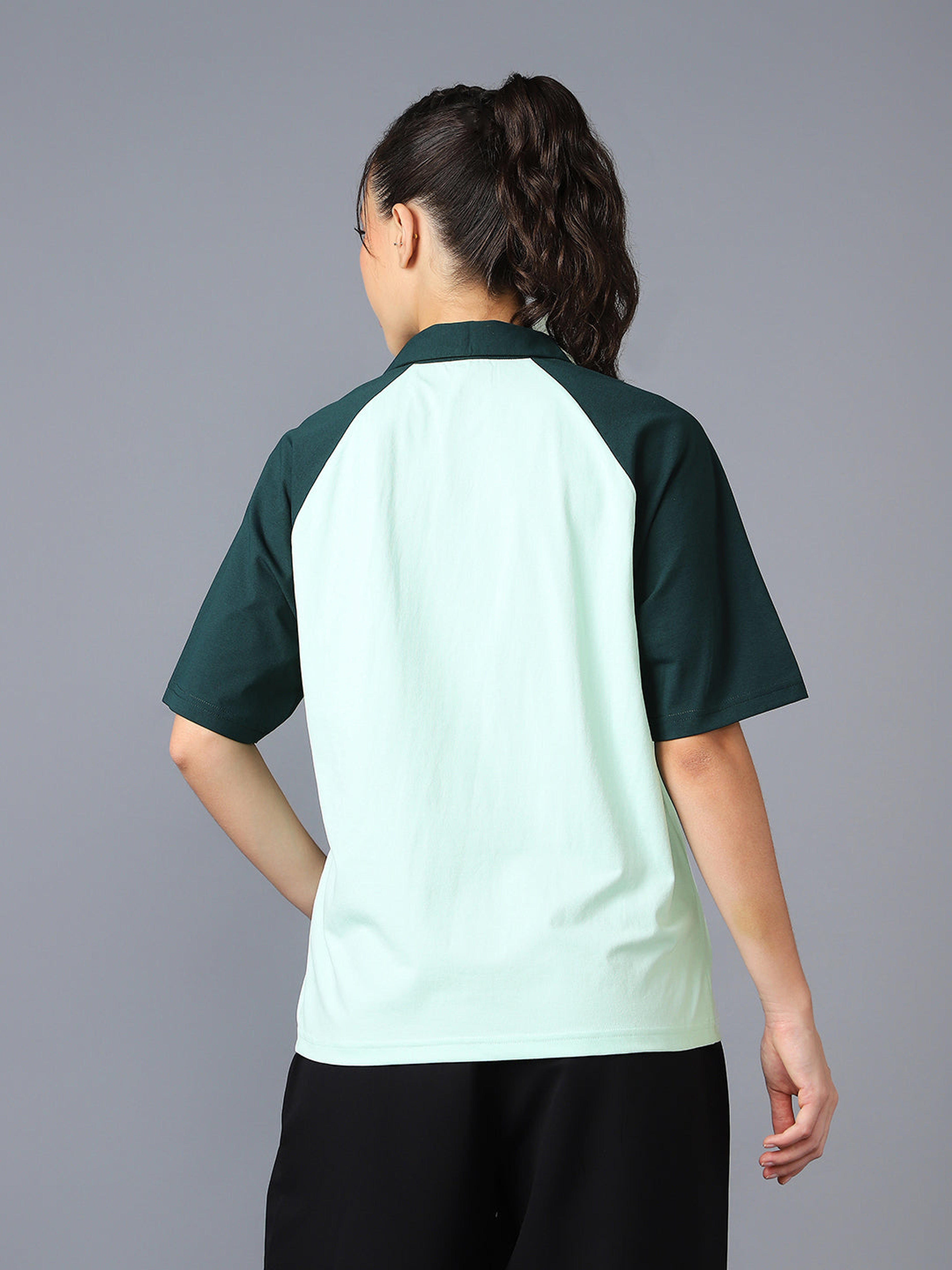 Women Colorblock Oversized Fit Polo T-shirt with COTFLEX in Mint Green - 2