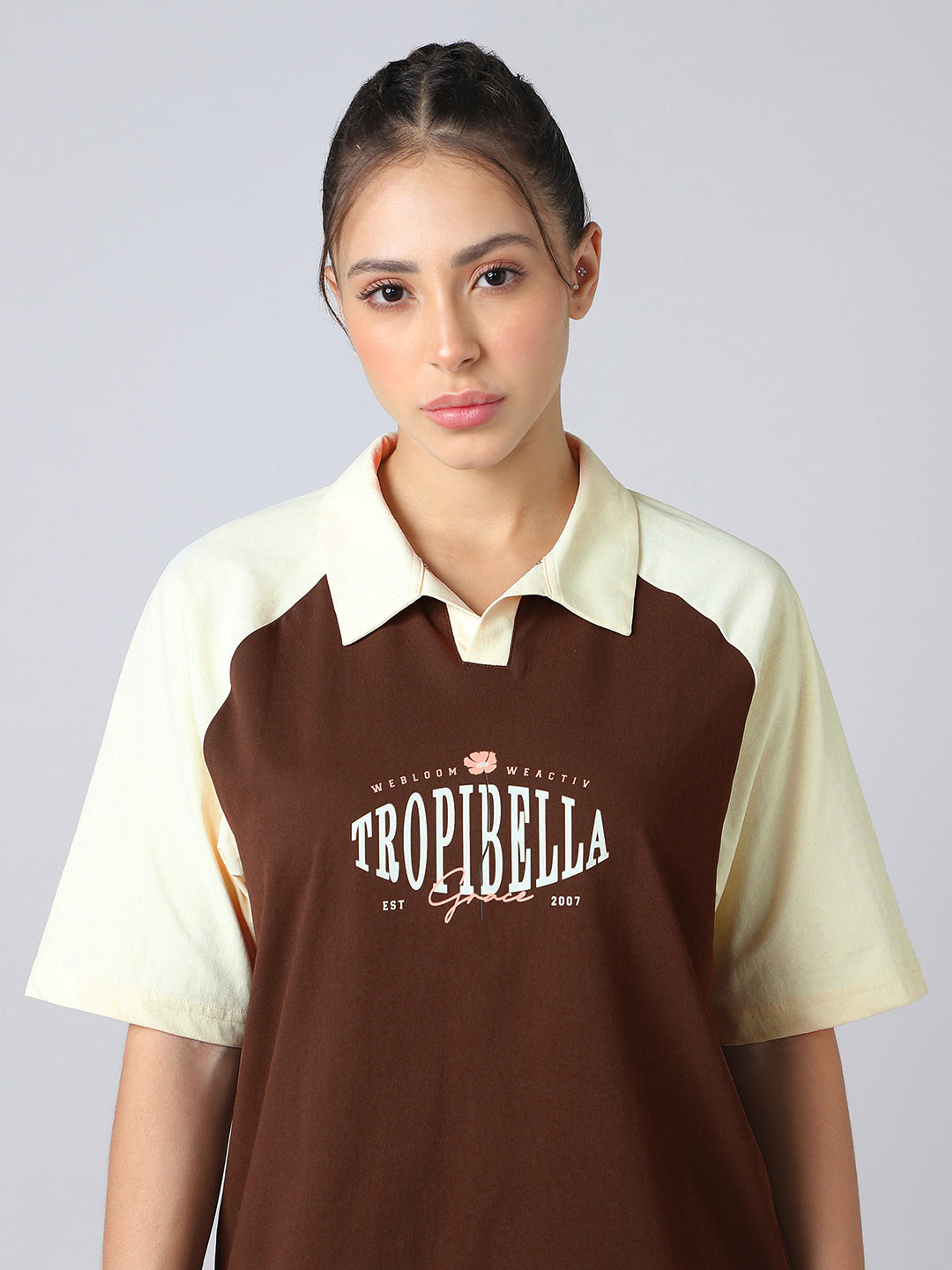 Women Colorblock Oversized Fit Polo T-shirt with COTFLEX in Chocolate A - 5