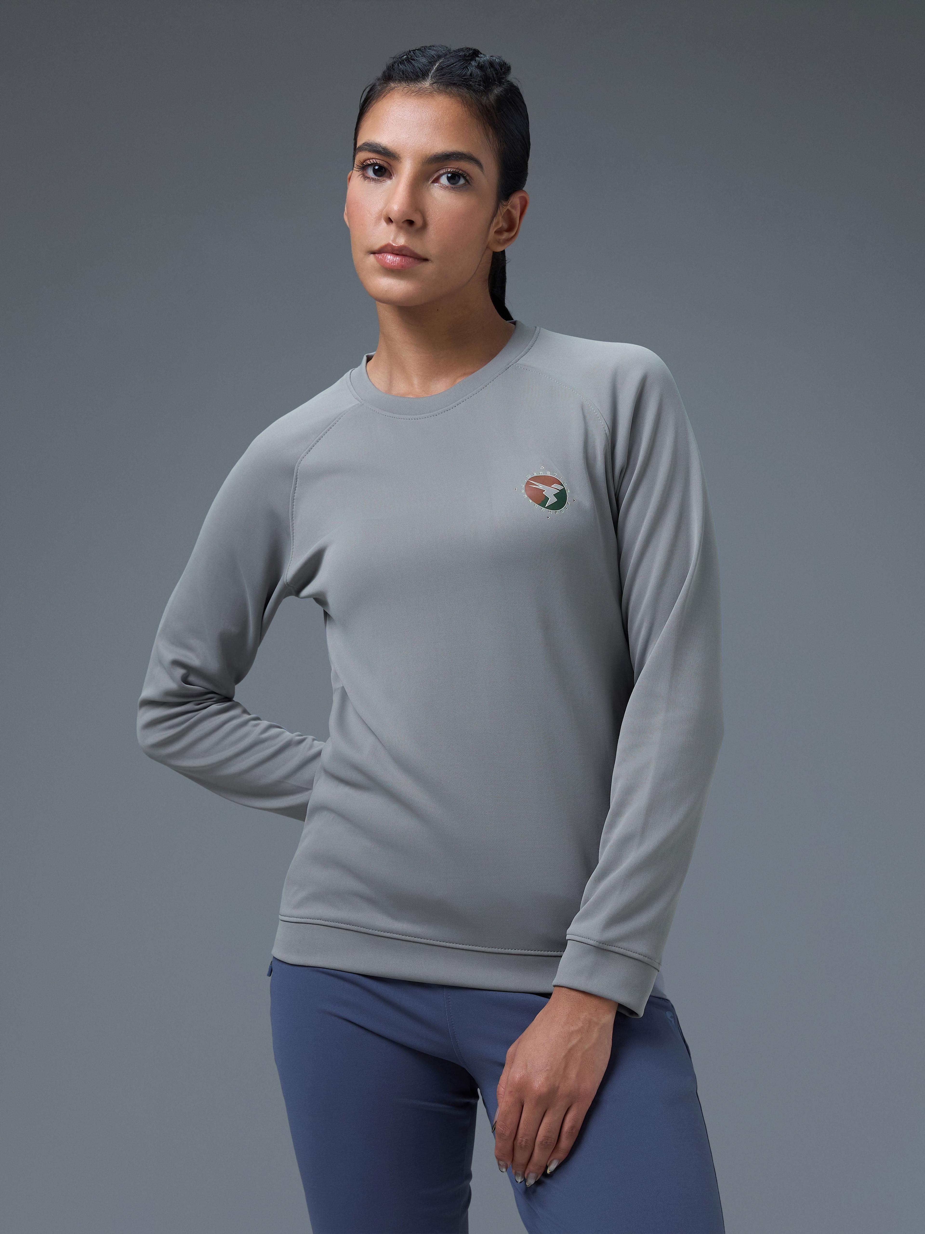 Women Printed Slim Fit Crew Neck Pullover with ELASTO PLUS in Sky Rocket - 2