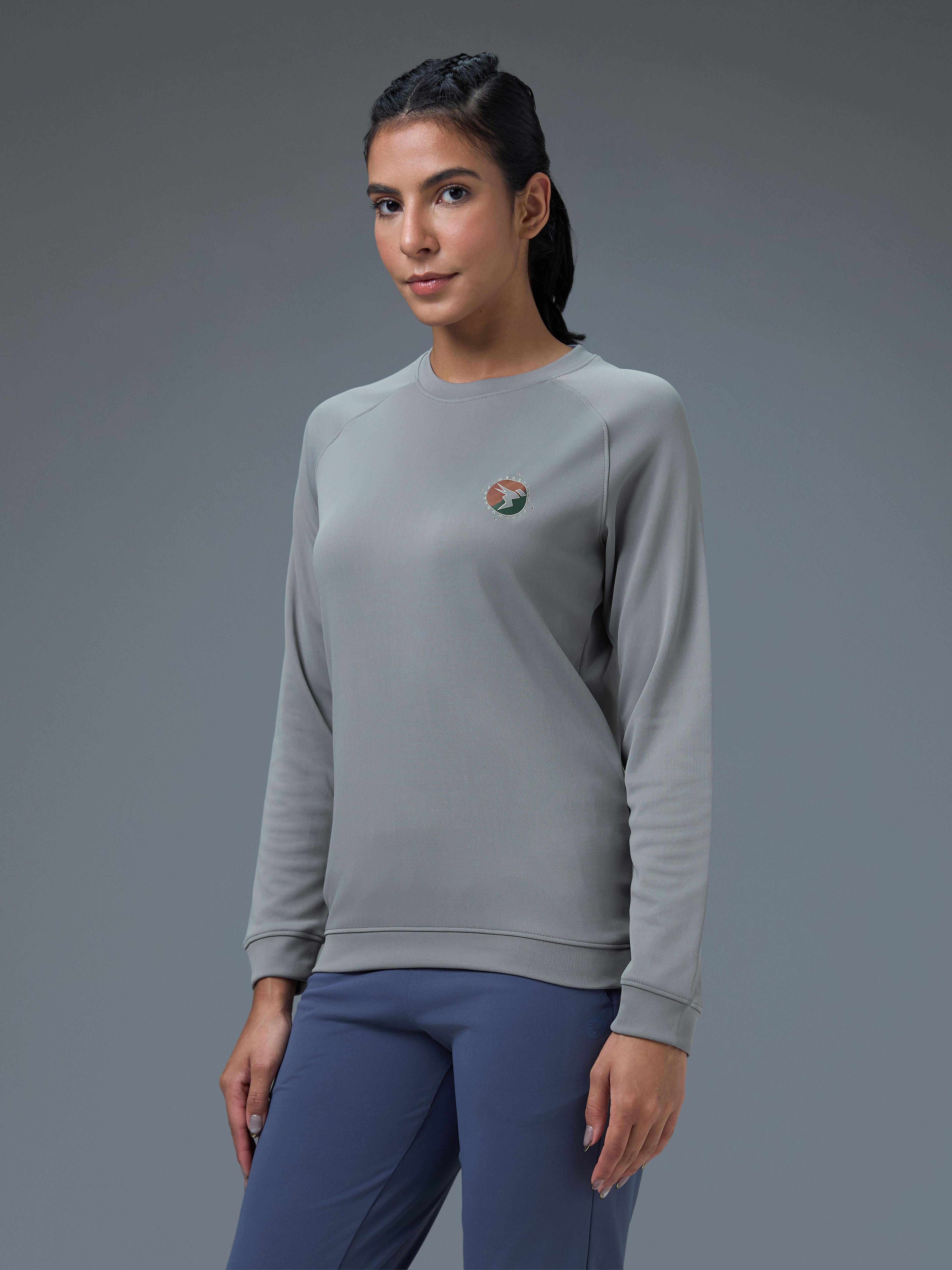 Women Printed Slim Fit Crew Neck Pullover with ELASTO PLUS in Sky Rocket - 4