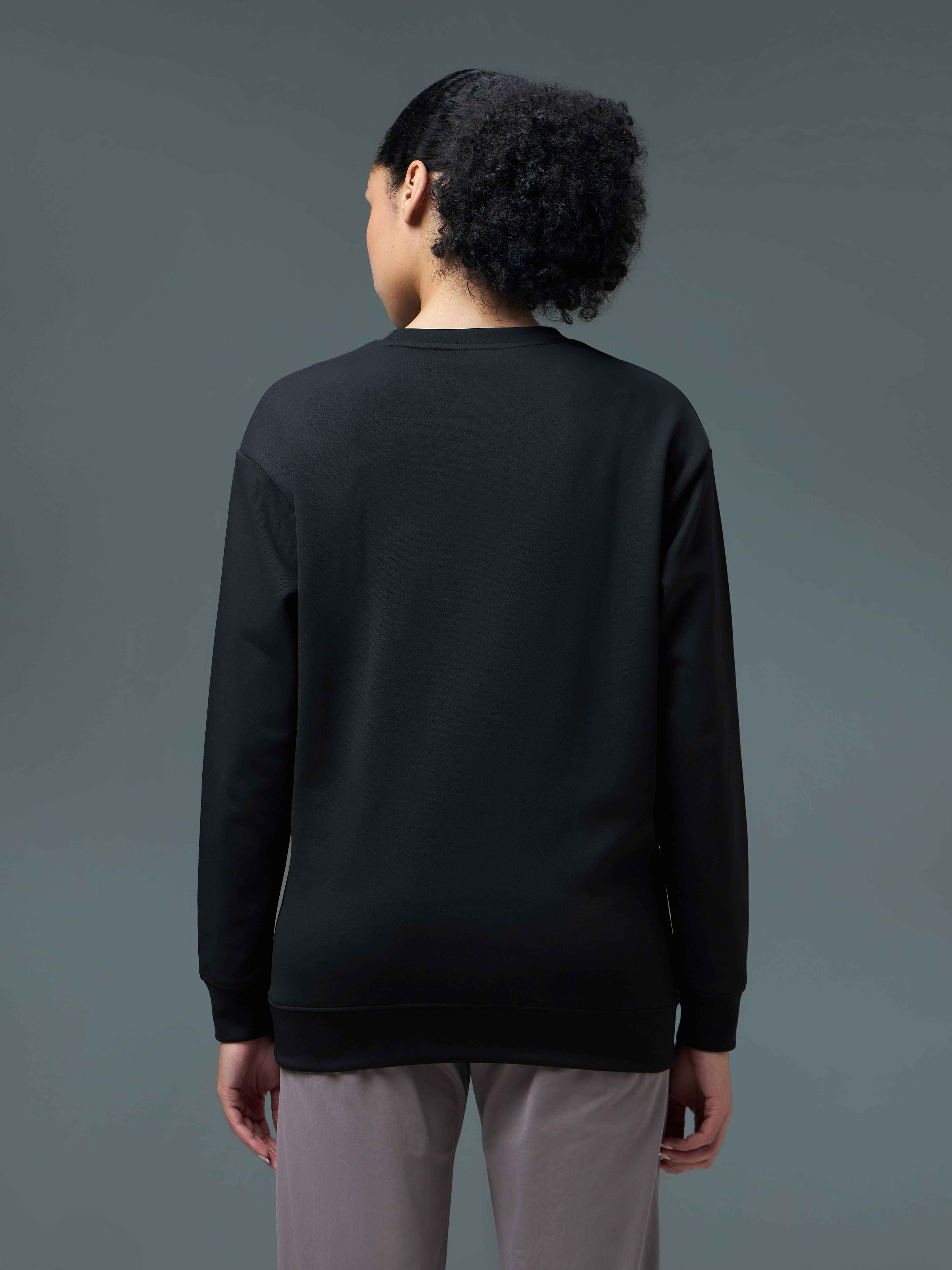 Women Solid Slim Fit Round Neck Sports Sweatshirt with ELASTOPLUS in Black - 3