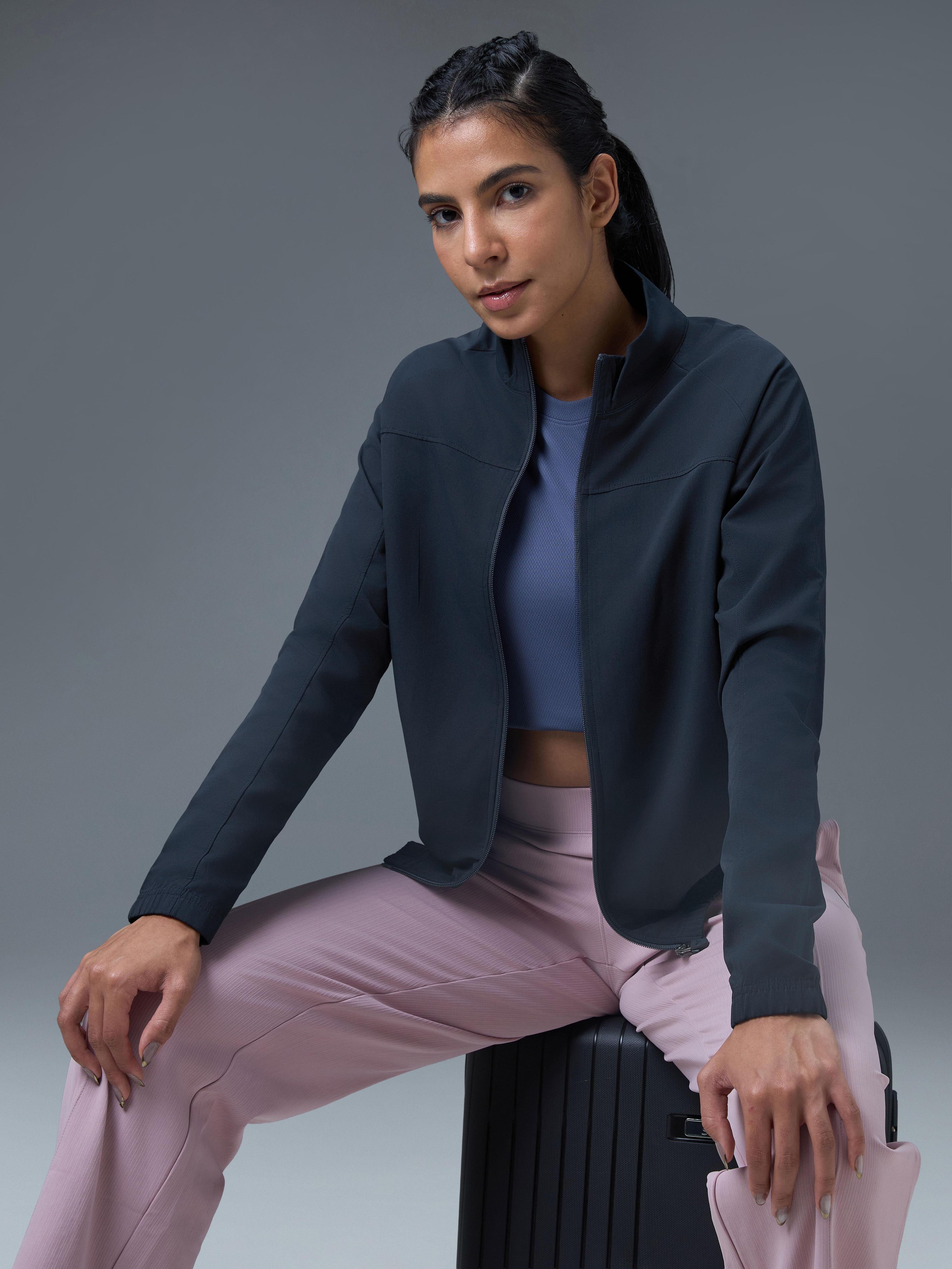 Women Solid Slim Fit Mock Neck Sports Jacket with TECHNOLITE in Navy Blue - 5