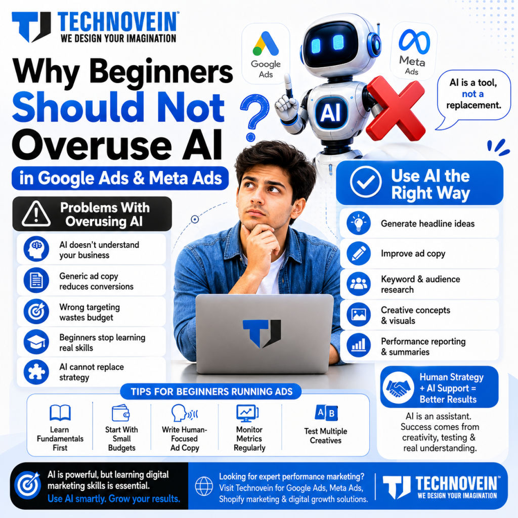 Technovein infographic explaining why beginners should not overuse AI in Google Ads and Meta Ads, highlighting AI mistakes, smart AI usage, and digital marketing tips.