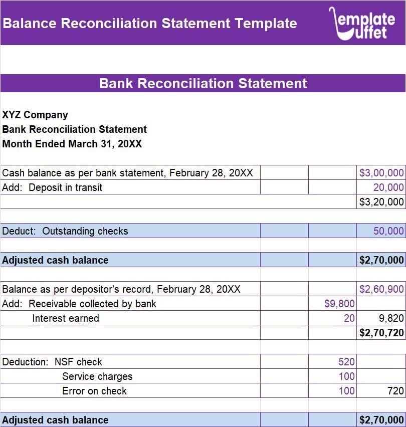 Balance Reconcilation Statement Excel Template