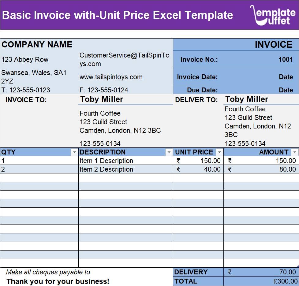 Basic Invoive with -Unit Price Excel Template