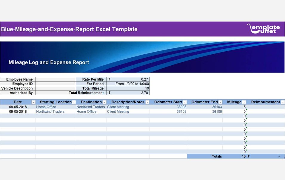 Blue-Mileage-and-Expense-Report Excel Template