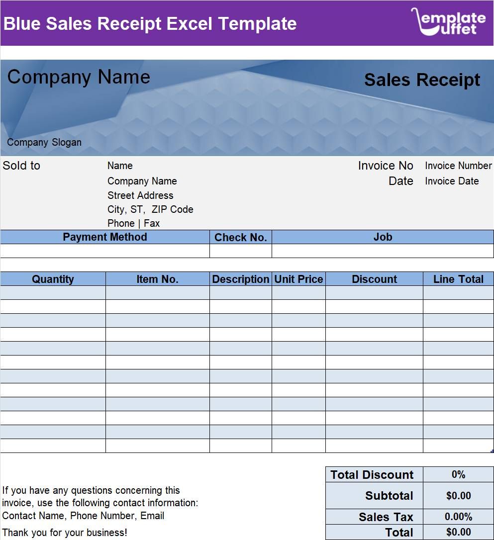 Blue Sales Receipt Excel Template
