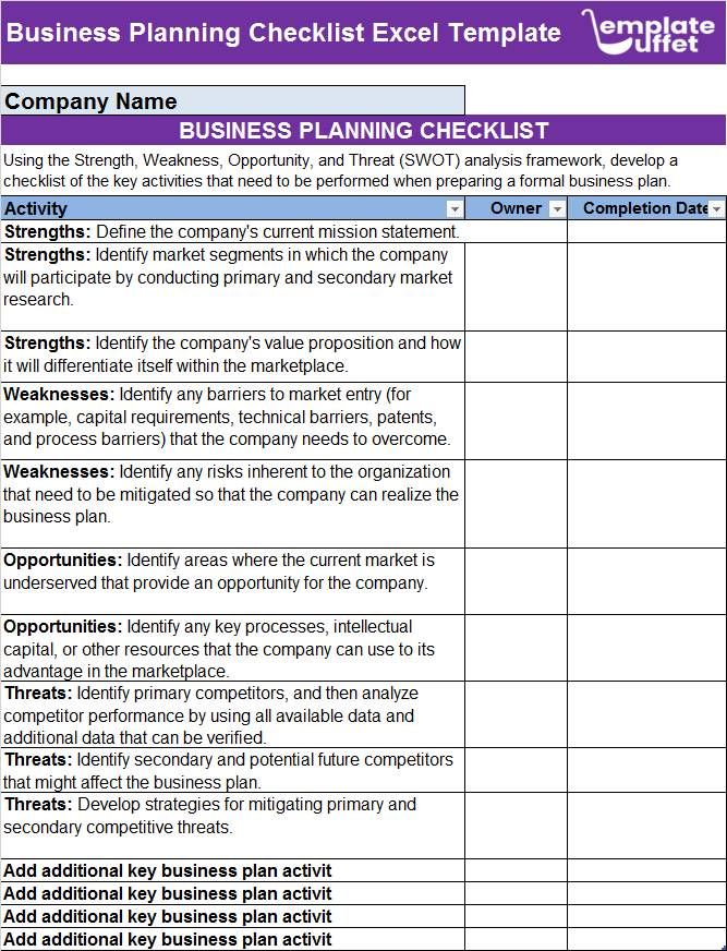 Business Planning Checklist Excel Template