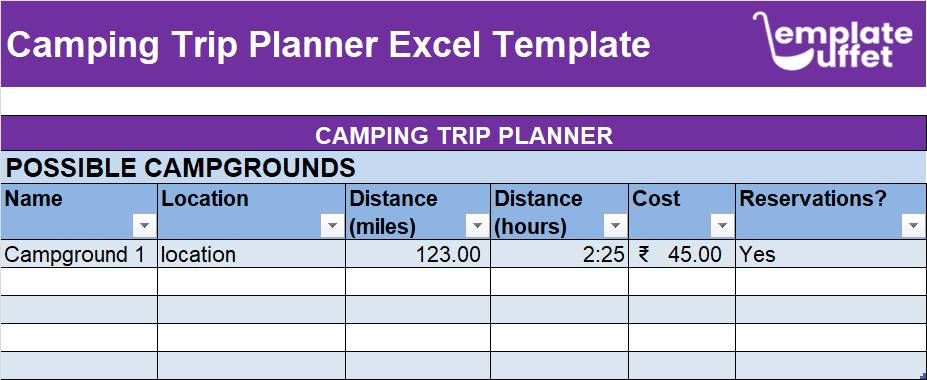 Camping Trip Planner Excel Template