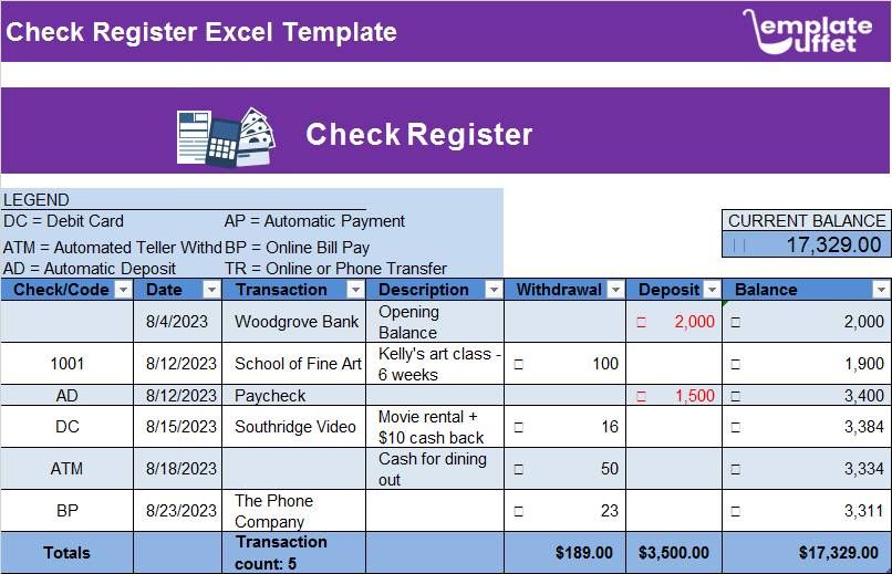 Check Register with Transaction Code Excel Template
