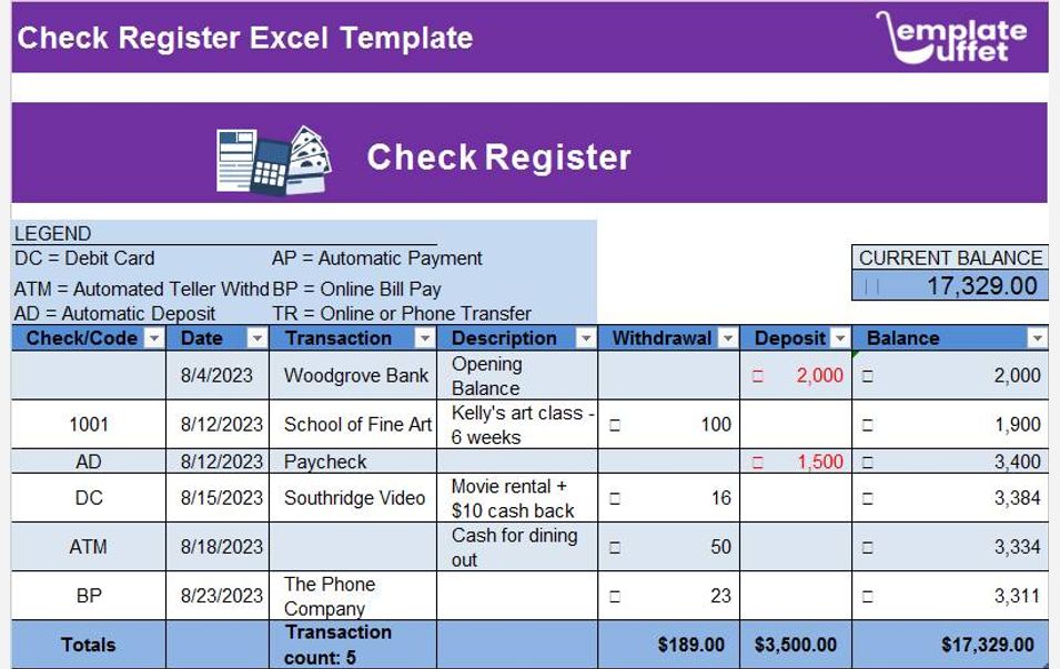 Check Register with Transaction Code Excel Template