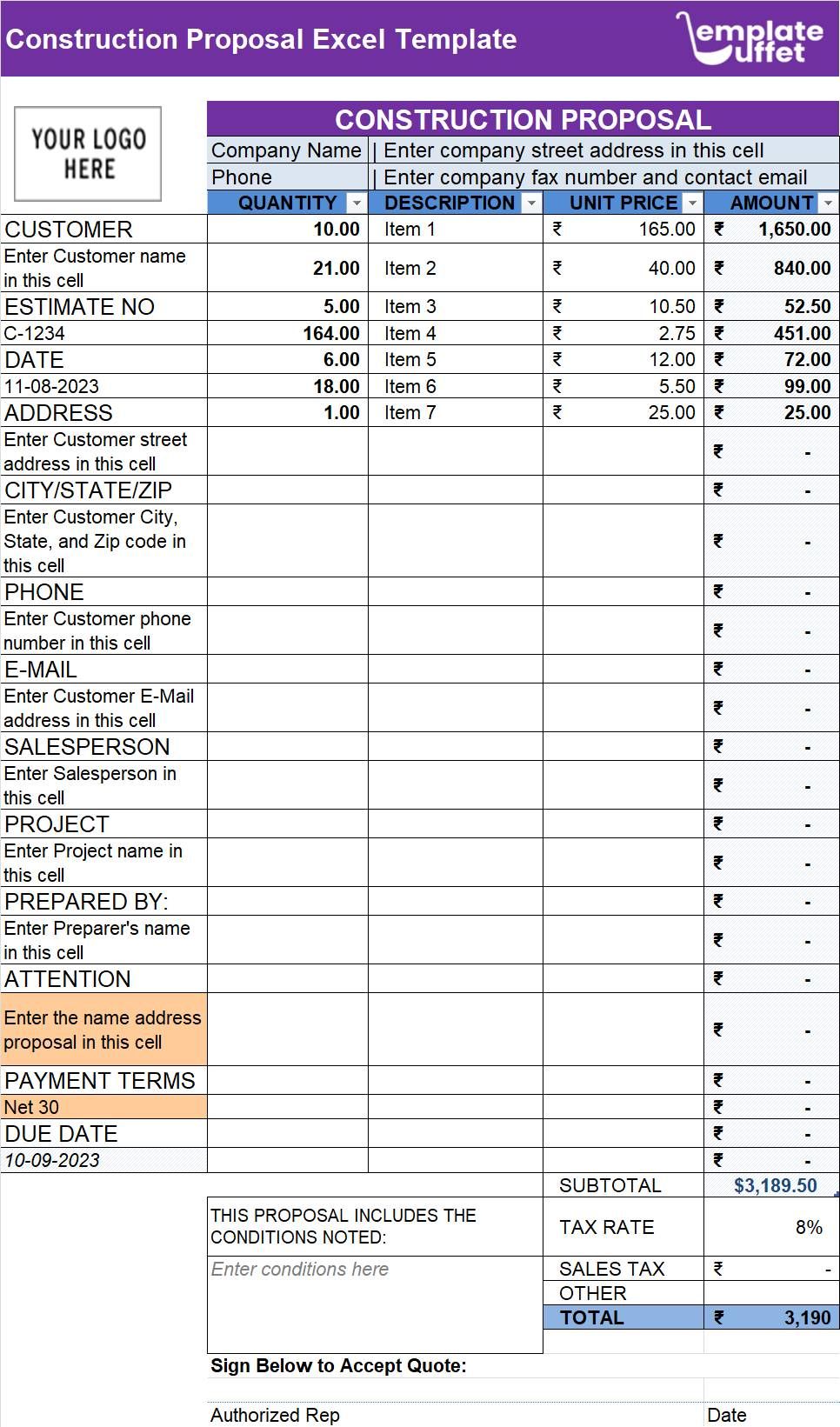 Construction Proposal Excel Template