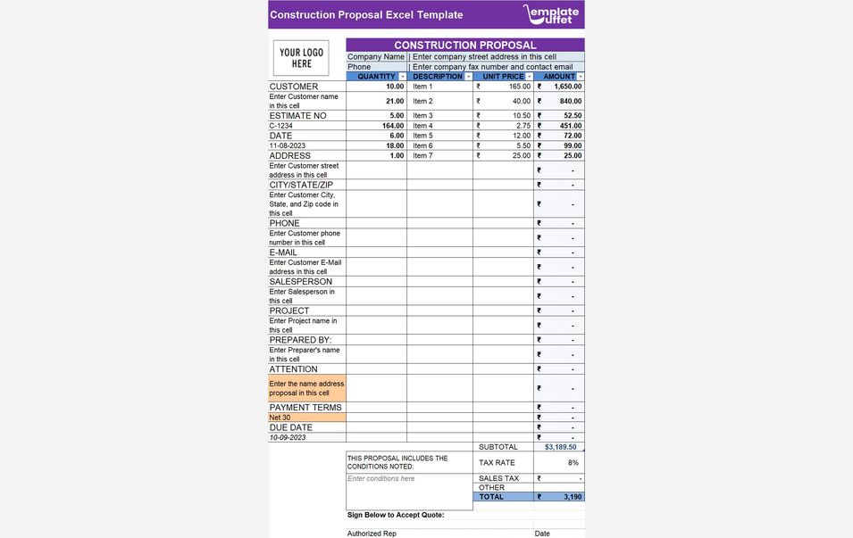 Construction Proposal Excel Template