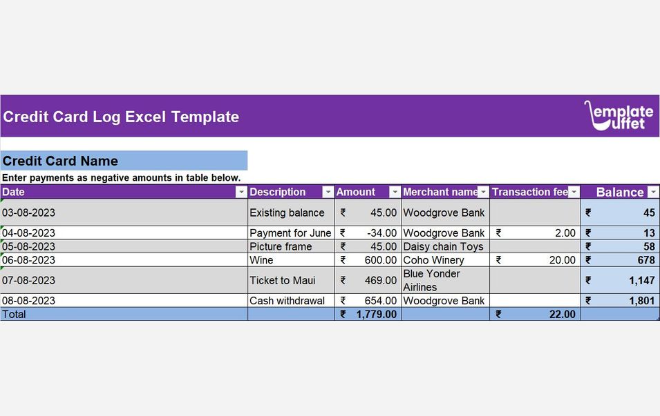 Credit Card Log Excel Template